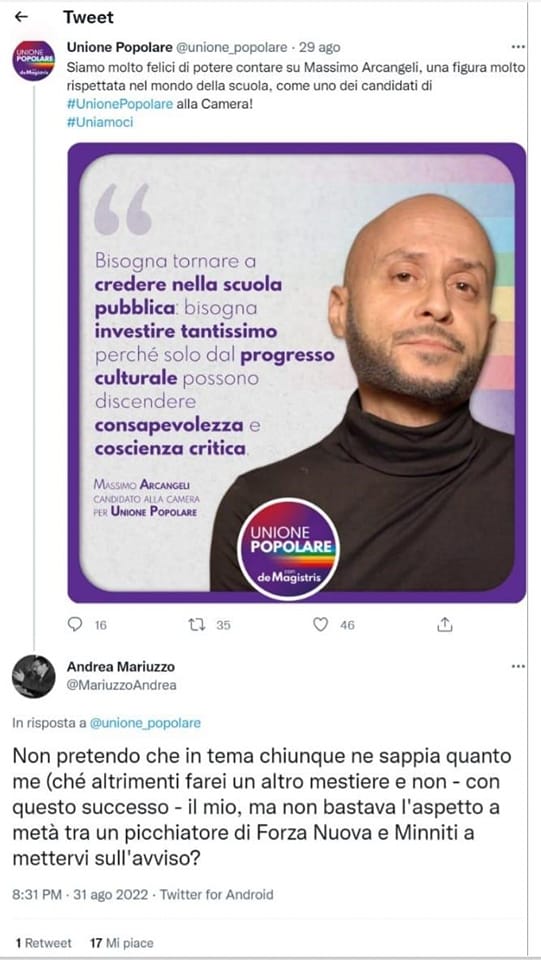Massimo Arcangeli, candidato alle elezioni politiche per Unione Popolare, denuncia in un post su Facebook la violenza verbale subita sui social da parte di frange dell’estrema sinistra. Querelato un docente universitario
